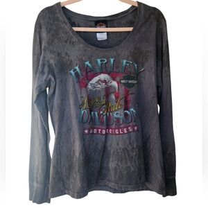 Alefs Harley-Davidson Women's Long-Sleeve Distressed Gray Wash Graphic T-shirt L